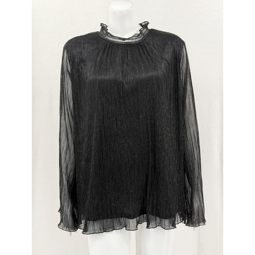 Colleen Lopez Top Womens‎ 3X Black Metallic Pleated Long Sleeve Ruffle Holiday